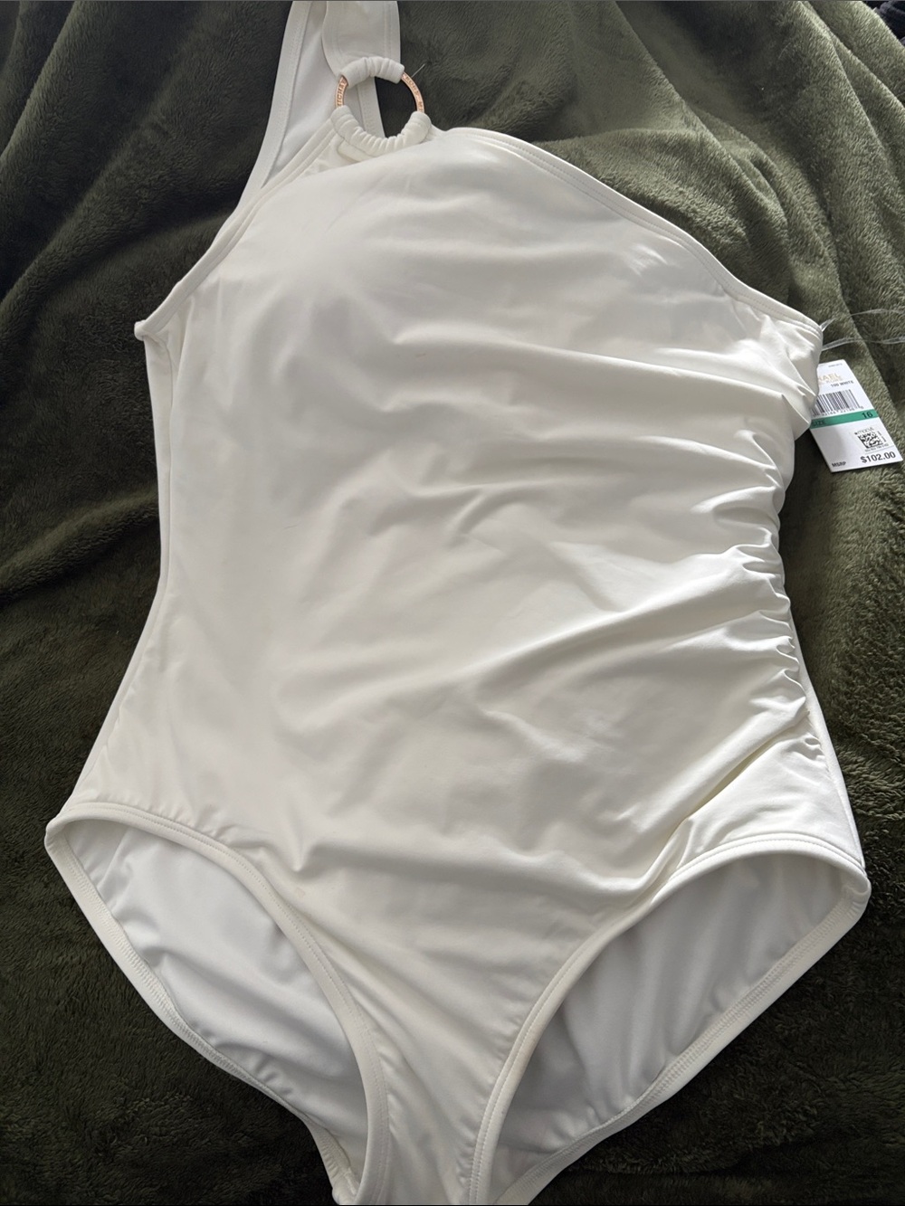 Michael Kors White One-Shoulder One-Piece Swimsuit with Gold Ring